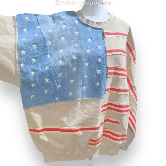NWT Free People X Tricia Fix Stripes And Stars Pullover Size Large Tan Blue Red - Picture 7 of 15